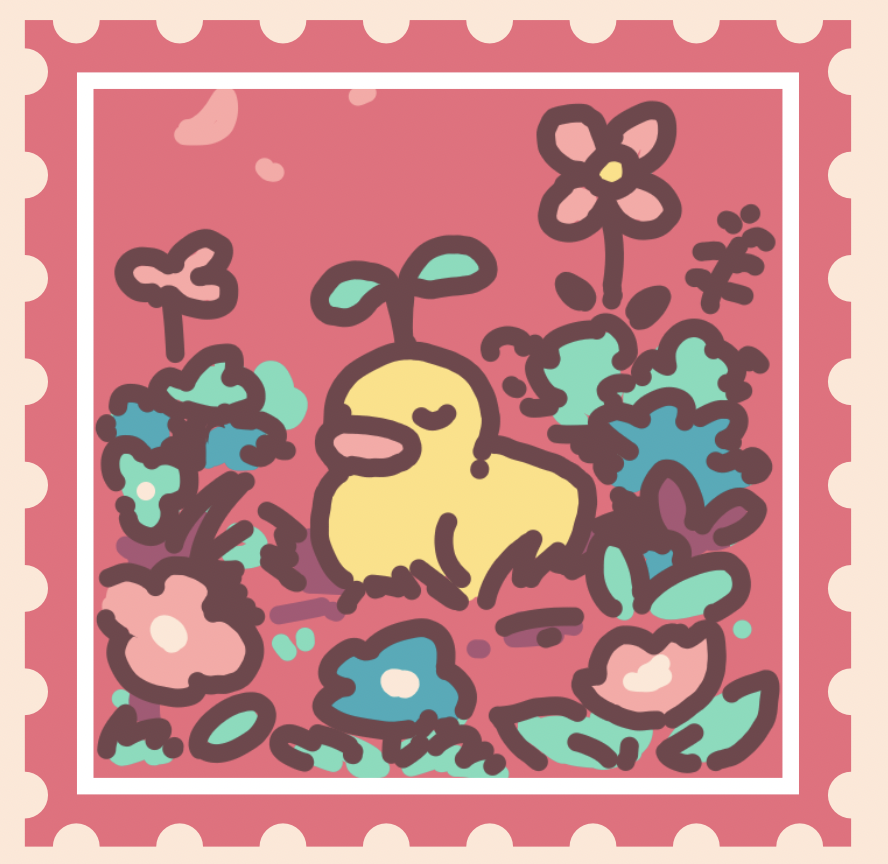 In a rectangle, dark pink stamp shape, a duck with a plant on its head is sleeping unbothered in the middle of flowers
